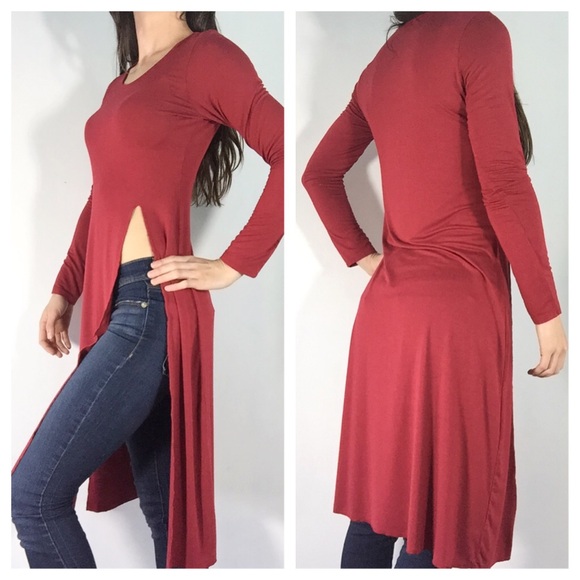 RED LONG SLEEVE HIGH SLIT SHIRT BLOUSE TOP SMALL - Picture 3 of 3